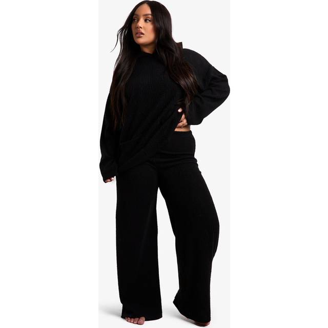 Womens Plus Soft Brushed Rib Hoodie Lounge Set - Black - 26, Black