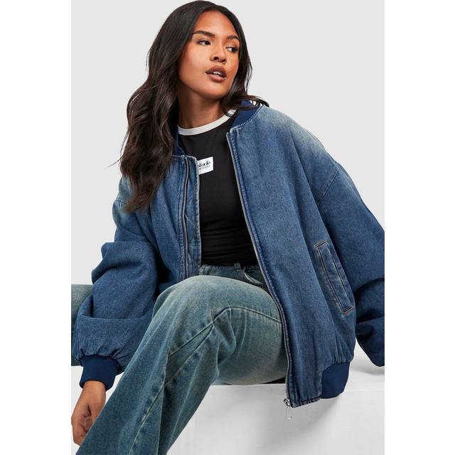 Womens Plus Ruched Sleeve Oversized Denim Bomber Jacket - Blue - 22, Blue
