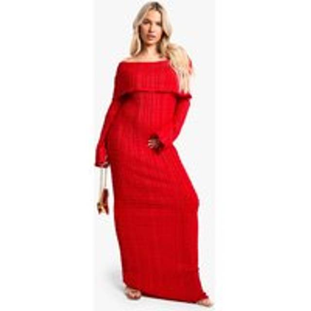 Womens Maternity Textured Crinkle Bardot Long Sleeve Maxi Dress - 10, Red