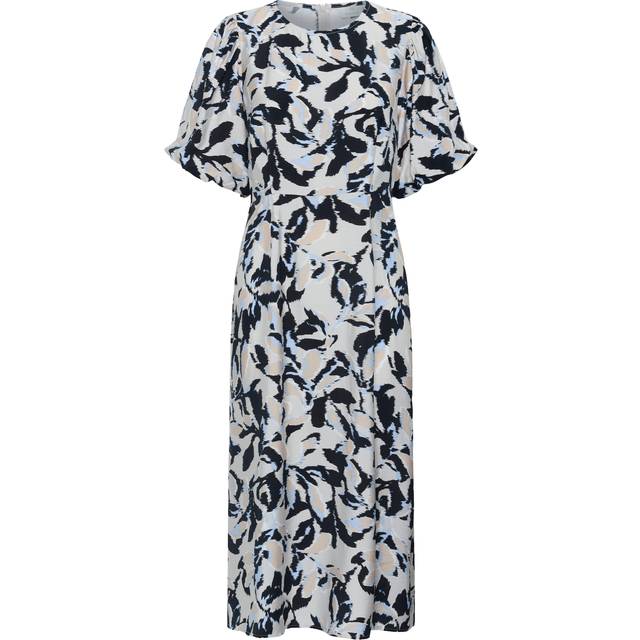 Kaffe, Midi Dresses, female, Multicolor, M, Leaf Print Dress in Beige/Black/Blue