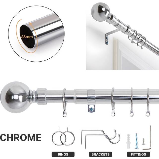 Heavy-Duty Adjustable Curtain Pole with Finials - Chrome (1.96&#34; H x 82.67&#34; W x 1.18&#34; D)
