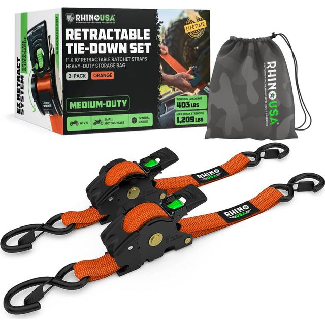 Rhino USA Retractable Ratchet Tie Down Straps (2PK) - 540kg Guaranteed Max Break Strength, Includes (2) Ultimate 2.5 cm x 3 m Autoretract Tie Downs wi