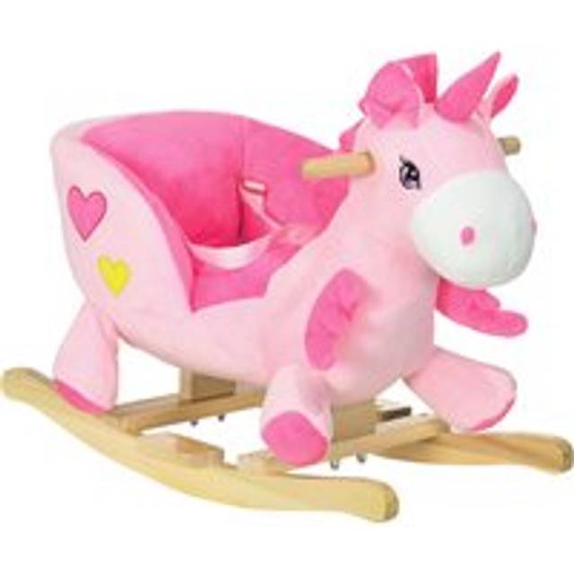HOMCOM Rocking Horse, Kids Plush Ride on Unicorn with Songs, Wooden Base, Seat Belt, for Toddlers 18-36 Months, Pink