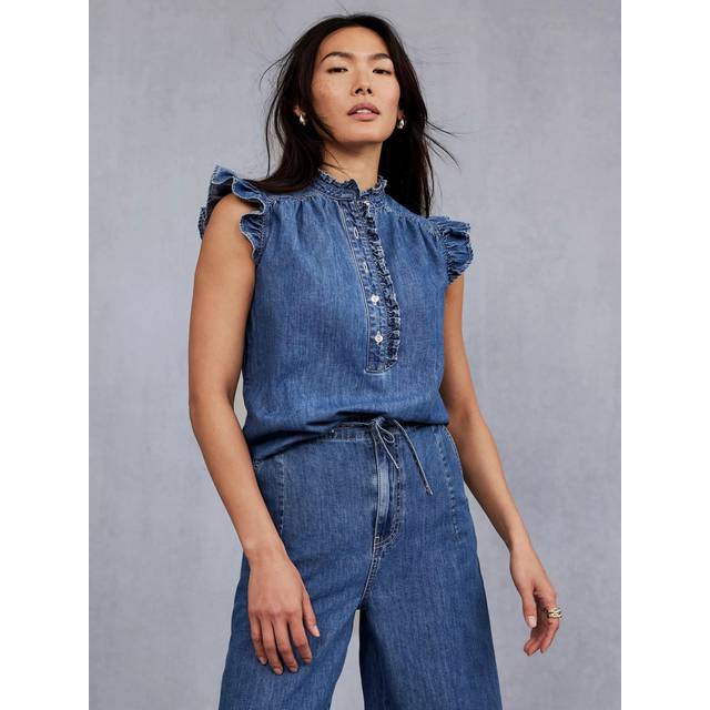 Mint Velvet Denim Ruffle Blouse, Blue