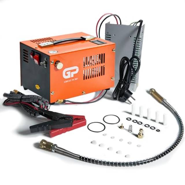 TUXING PCP luftkompressor, bärbar 4500Psi/30Mpa, 8MM snabbkoppling kompatibel för PCP luftpistol med vatten/oljeavskiljare, inbyggd nätadapter (220V AC eller 12V bilbatteri)