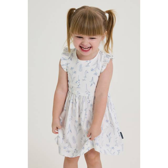 Polarn O. Pyret Floral Kids' Dress Ruffle Sleeve Dress, White/Multi