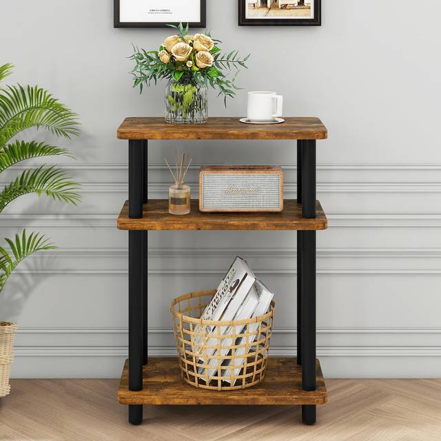 3-Tier End Table with Storage Shelf Black, Slim Small Table - Brown (62.5cm H X 40cm W X 18cm D)