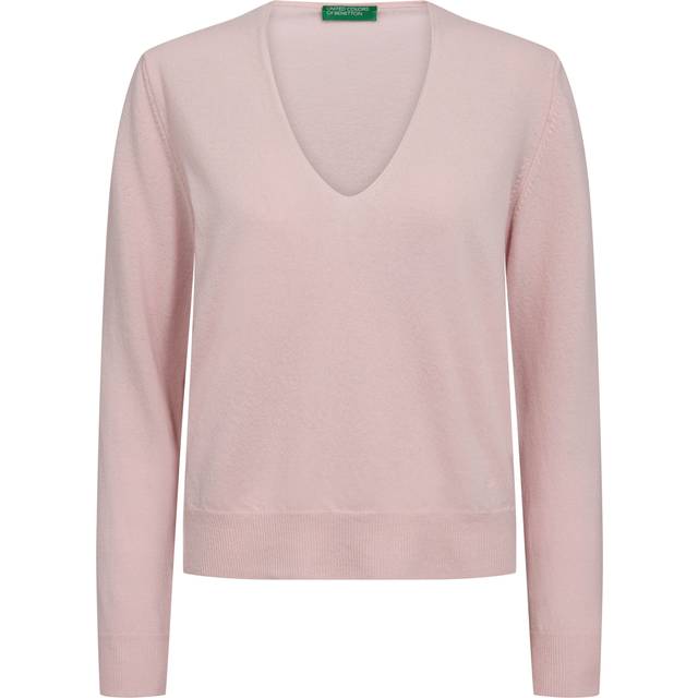 Benetton, V-neck Sweater In Pure Merino Wool, size XL, Soft Pink, Women