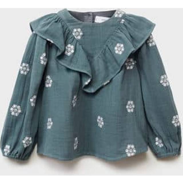 Mango Younger Girls Floral Embroidered Long Sleeve Blouse - Green, Green, Size 18-24 Months - 18-24 MONTHS