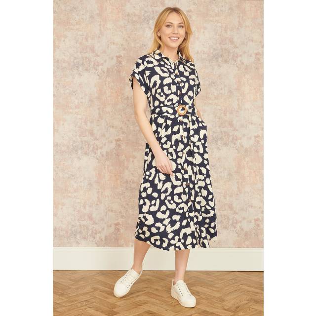 Yumi Navy Abstract Animal Print Relaxed Midi Shirt Dress With Belt - Size 10 UK - Yumi