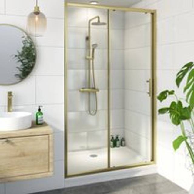 Luxura Sliding Shower Door 1000mm with 1000 x 700mm Raised Non Slip Tray and Waste 6mm Brushed Brass