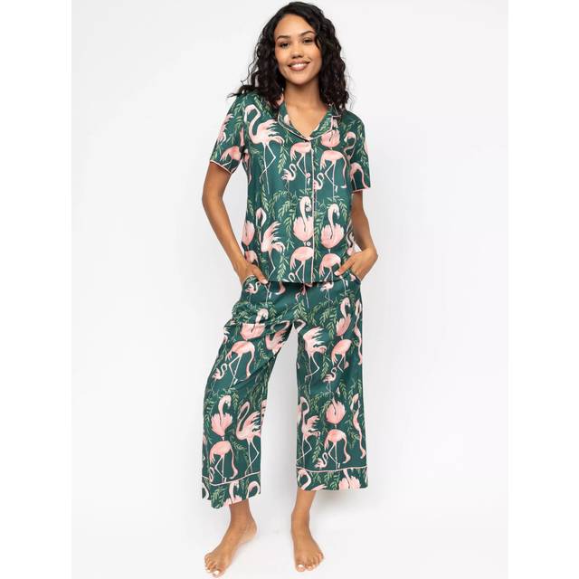 Cyberjammies Ivy Flamingo Wide Leg Cropped Pyjama Bottoms, Emerald
