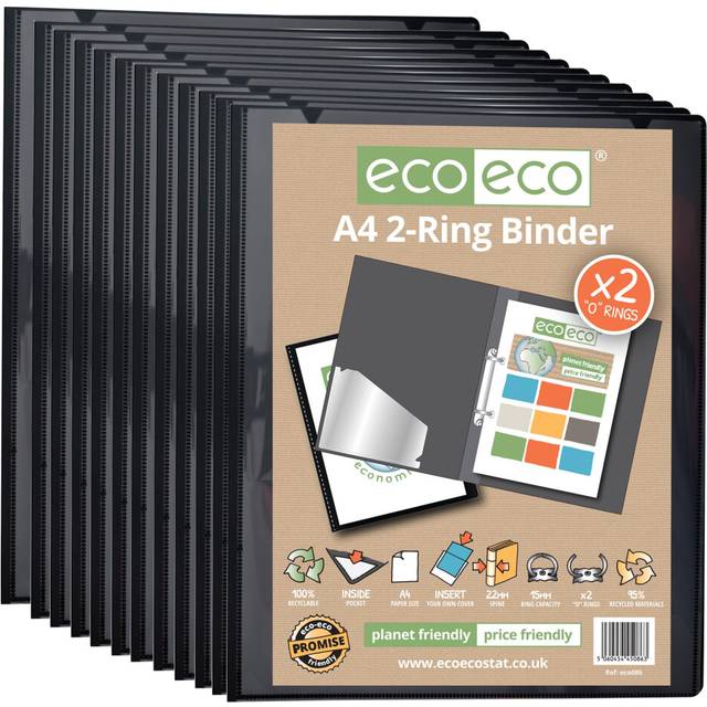 eco-eco A4 95% Recycled Presentation 22mm Spine 2 Ring Binder Black, Pack of 12, eco086x12