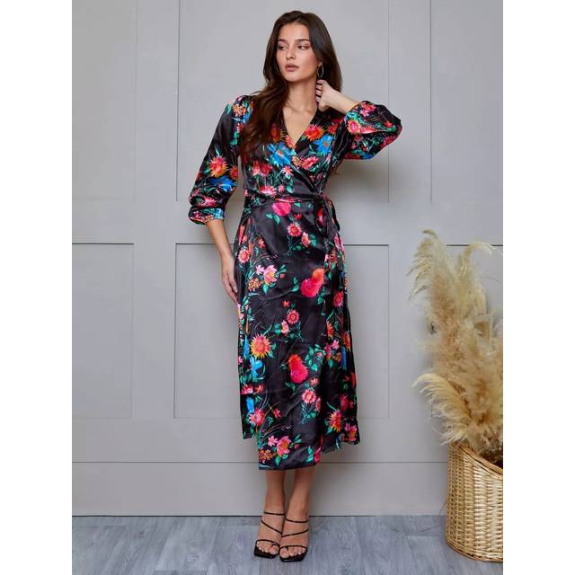 Plus Size Long Sleeve Floral Wrap Dress in Black - 22