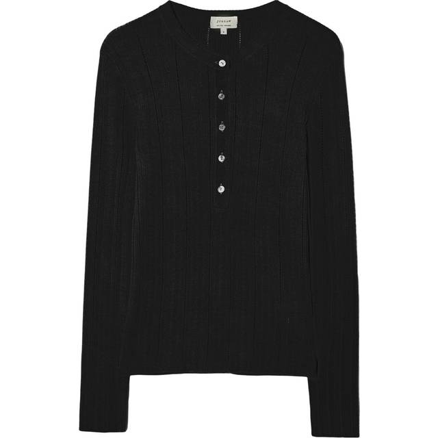 Jigsaw Henley Rib Pointelle Knit Jumper, Black