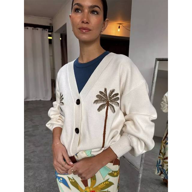 Never Fully Dressed Embroidered Palm Tree Cardigan, Cream