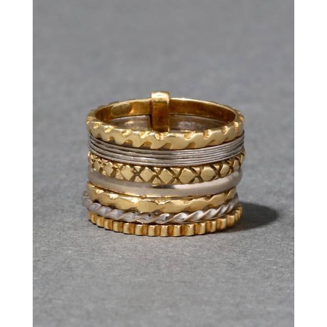 Alexis Bittar Vintage 18K White & Gold Handmade Stacked 7 Band Pinky Ring in Yellow Size 5.5 | Statement Jewelry from Alexis Bittar (5.5)