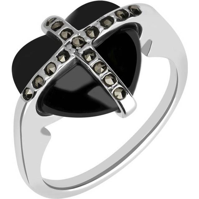 Sterling Silver Whitby Jet Seveteen Stone Marcasite Small Cross Heart Ring - Silver