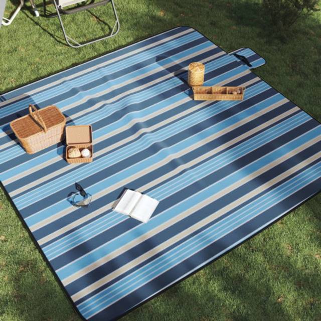 vidaXL Picknickfilt vikbar blå och vit randig 200x200 cm sammet