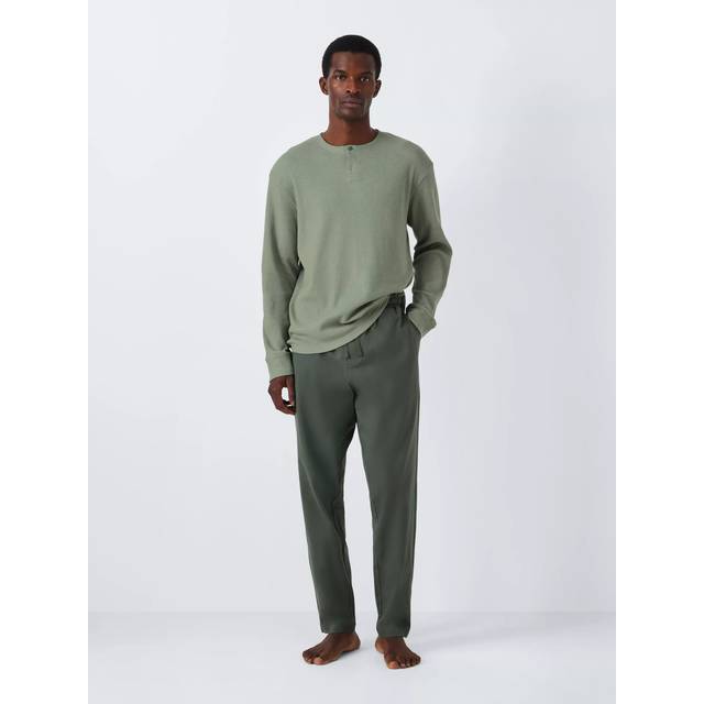 John Lewis Waffle Long Sleeve Henley Pyjama Set, Green Olive
