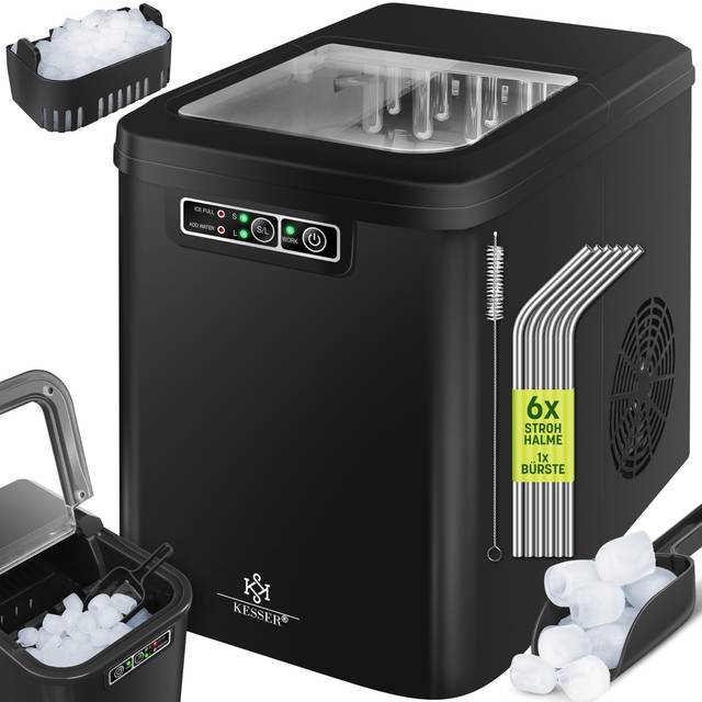 KESSER® Isbitsmaskin | Isbitsmaskin i rostfritt stål | Ice Maker | 12 kg 24 h | beredning i 7 min | 2,2 liter vattentank | 2 isbitsstorlekar | LED-display | självrengörande funktion |