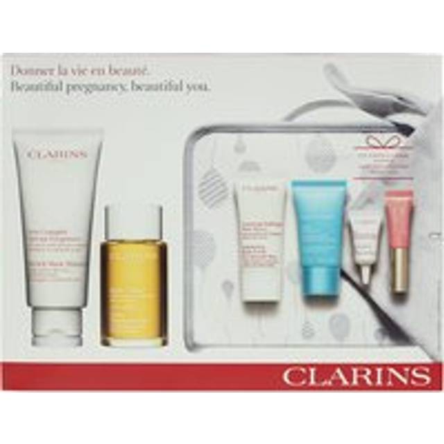 Clarins Beautiful Pregnacy 6 Piece Gift Set: Stretch Mark Minimizer 200ml - Body Oil 100ml - Body Scrub 30ml - Hydra-Essentie Moisturiser 15ml - Eye Contour Gel 3ml - Instant Light Natural Lip Perfector 5ml - 1x Bag