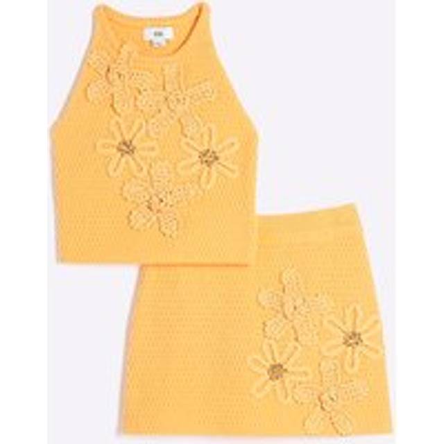 River Island Girls Orange Crochet Floral Top & Skirt Set - 7-8 Yrs