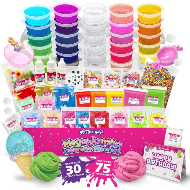 75-Pc Jumbo Mega Birthday Party Slime Kit for Girls Ages 6 7 8 9 10  11 and 12-30 DIY Slime Pack Soft  Color Slime Gels  Cloud  Clear  Butter  Glitter