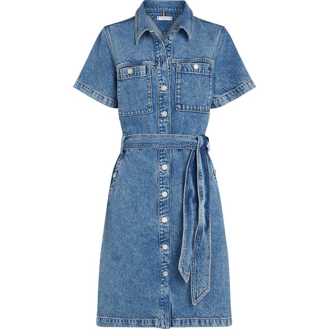 Belted Short Sleeve Denim Mini Dress