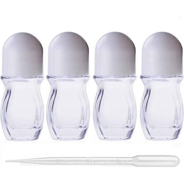 4Pcs 30ml/1 Oz Clear Refillable Glass Roll-On Deodorant Bottles Reusable Leak-Proof Massage Roller Bottles Containers with Roller Ball and White Cap f