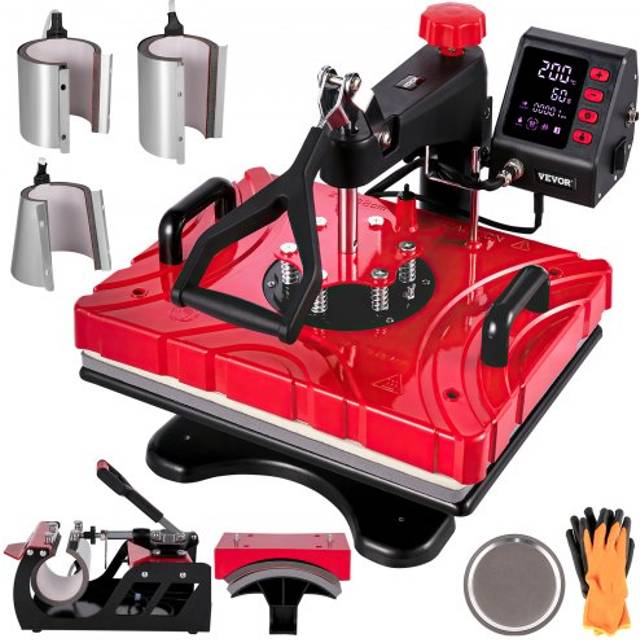 VEVOR 8 in 1 Hitzepresse 38 x 30 cm Transferpresse Rot T-Shirtpresse Becherpresse Heißpresse Maschine Textilpresse Tassenpresse für Hüten Tellern Tassen Multifunktionale Sublimation 360-Grad-Drehbar