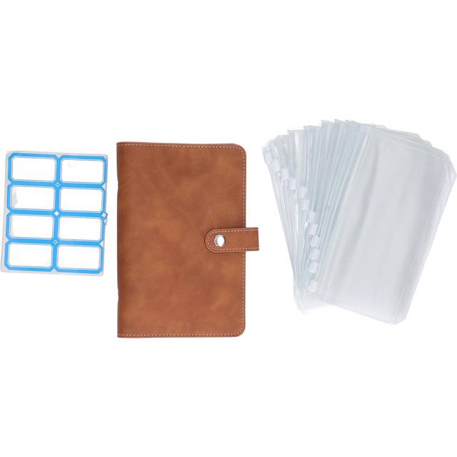 Cash Binder A6 Portable Size PU Leather 6 Pre Punched Holes Budget Binder with 12 Clear Zip Pockets brown