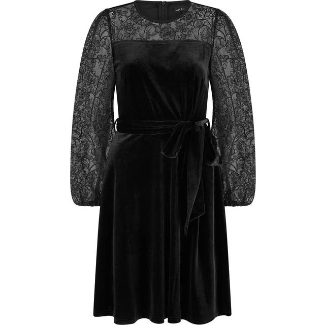 Yumi Velvet Lace Sleeve Skater Dress, Black