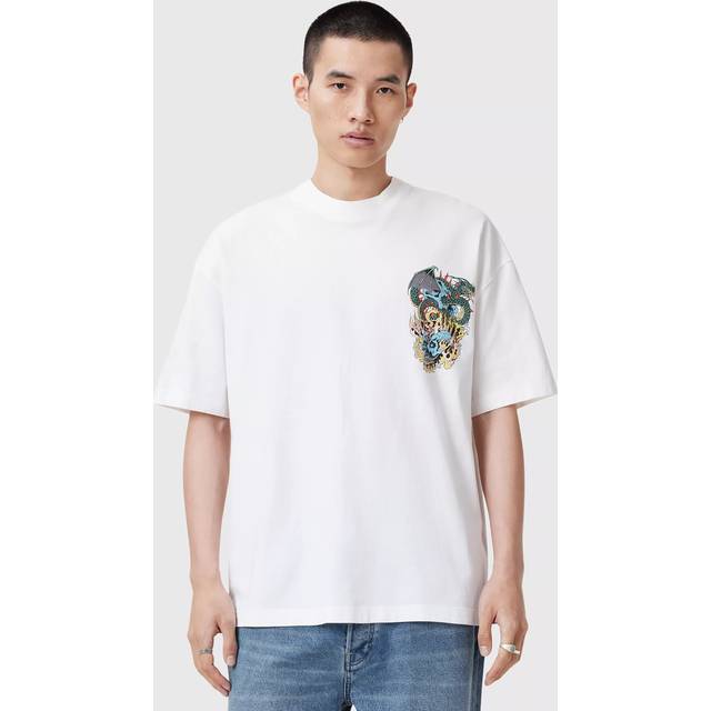 Writher Oversized Logo T-Shirt - Chalk White - Founded in London in 1994, AllSaints has been crafting iconic leather pieces for decades. As well as statement jackets, biker boots, and accessories, the brand’s everyday items offer a dose of attitude with distressed detailing, daring prints and the signature Ramskull logo.