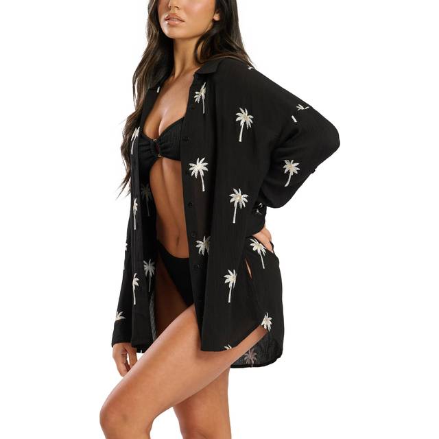 South Beach Women's Black Palm Tree Embroidery Long Sleeve Shirt New Look - UK 14