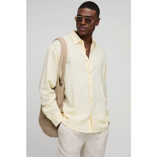 Super Oversized Long Sleeve Collared Linen Blend Shirt - Yellow - L