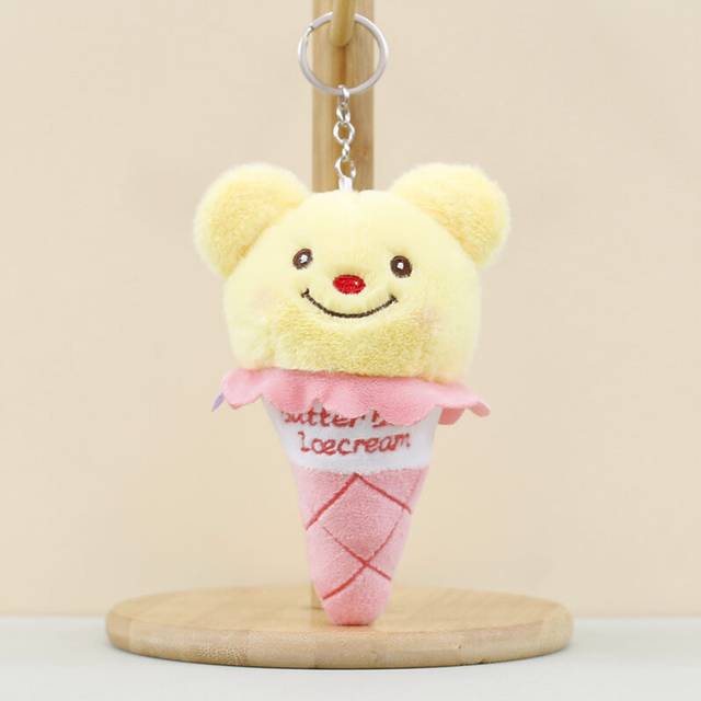 (Pink) Ice Cream Plush Bear Keychain Cute And Soft Fluffy Animal Bag Accessory