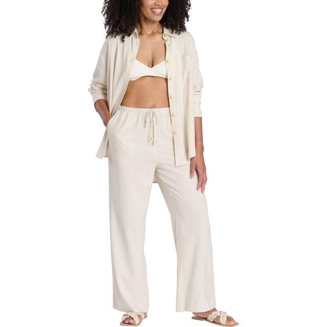 South Beach Women's Cream Linen Look Drawstring Waist Trousers New Look - UK 14