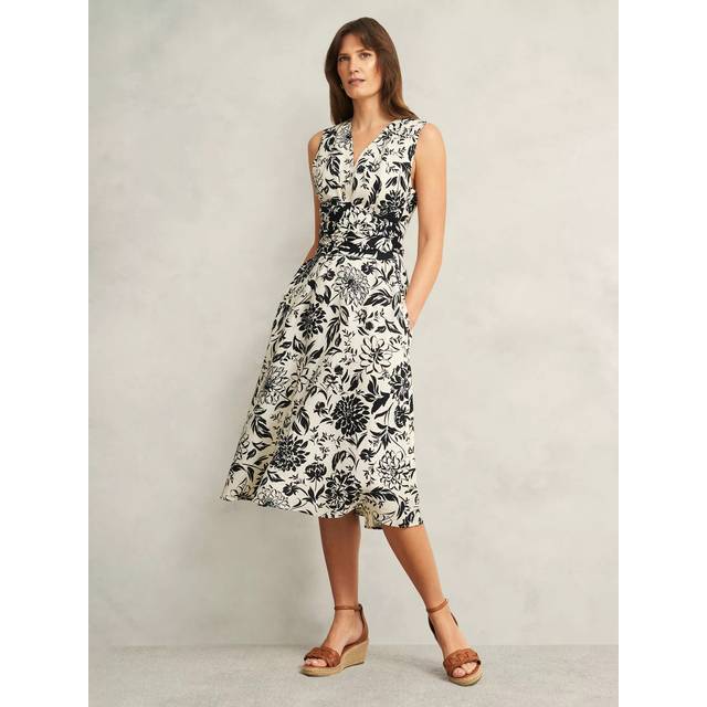 Hobbs Teagan Floral Pure Linen Dress, Ivory Navy
