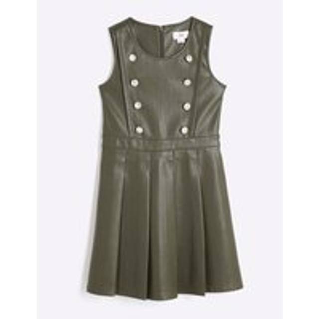 River Island Girls Khaki Faux Leather Pleated Skirt Dress - 8 Yrs