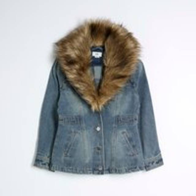 River Island Girls Denim Faux Fur Collar Jacket - 11-12 Yrs