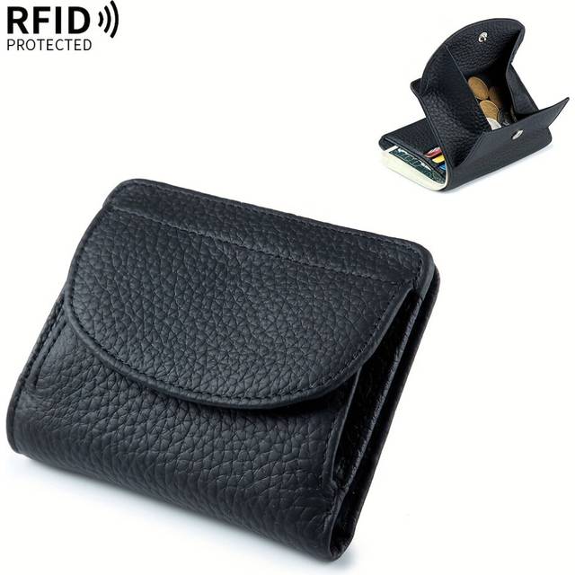 Women's Genuine Leather Mini Wallet Bifold Snap Button Black 1pc