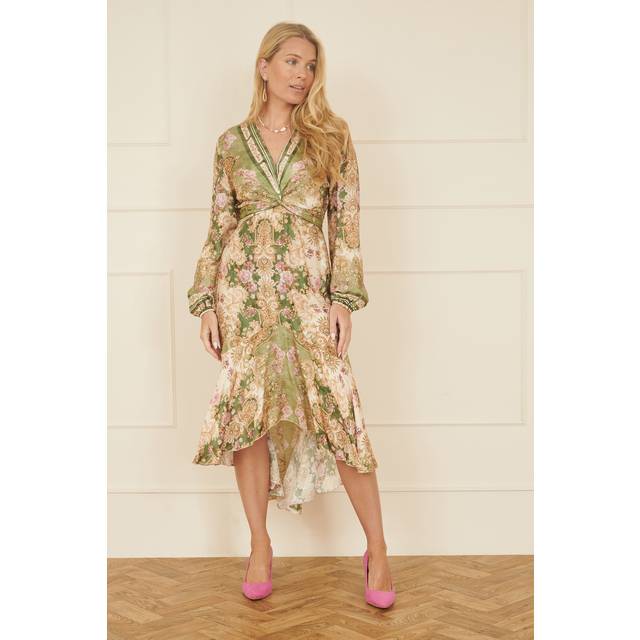 Yumi Green Viscose Scarf Print Tie Front Midi Dress With Dip Hem - Size 14 UK - Yumi