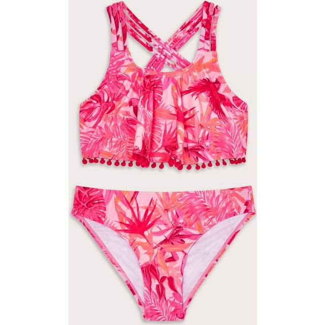 Monsoon Kids' Tropical Bird & Palm Print Frill Bikini, Pink