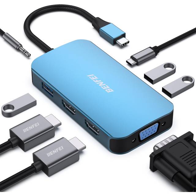 USB C MST HUB 8in1 with USB-C to 2*HDMI/1*VGA, to 3*USB 3.0/100W Power Delivery/3.5mm Aux Audio, Compatible with iPhone 15 Pro/Max, MacBook Pro