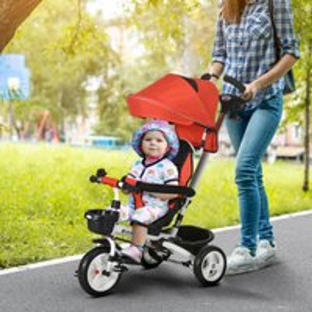 Homcom Metal Frame 4 In 1 Baby Push Tricycle With Parent Handle For 1-5 Years Old, Red