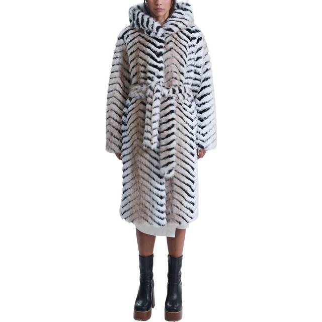 Faux Fox Belted Long Coat - Multi - 14