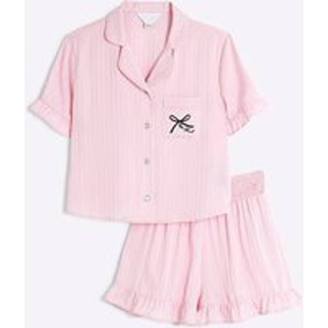 River Island Girls Pink Satin Frill Shorts Pyjama Set - 5-6 Yrs