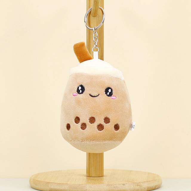 (Brown Pearls) Plush Short Keychain Adorable Milk Tea Cup Bag Charm For Childrens Accessories