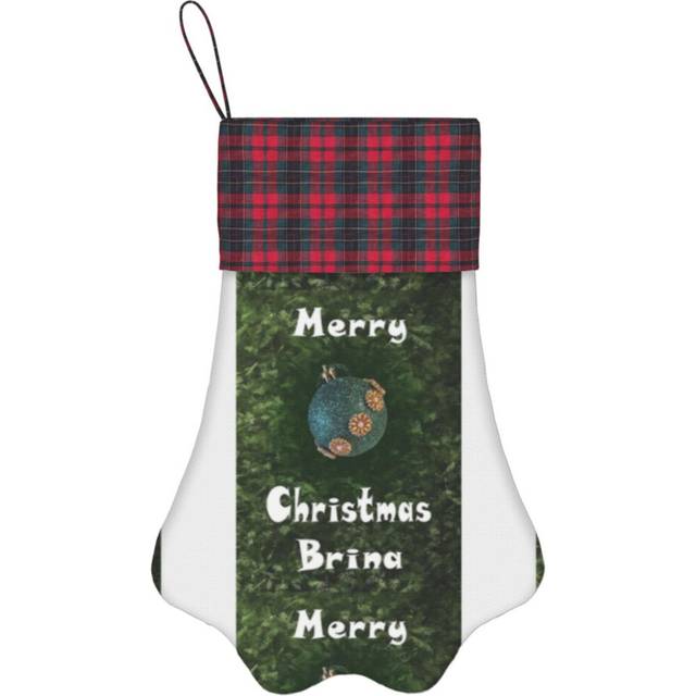 (Merry Christmas Brina - Green Glitter Ball Ornament With Beaded Flowers=1247) Paw Christmas Stockings Buffalo Tartan Plaid for Cats Dogs Pet Hanging